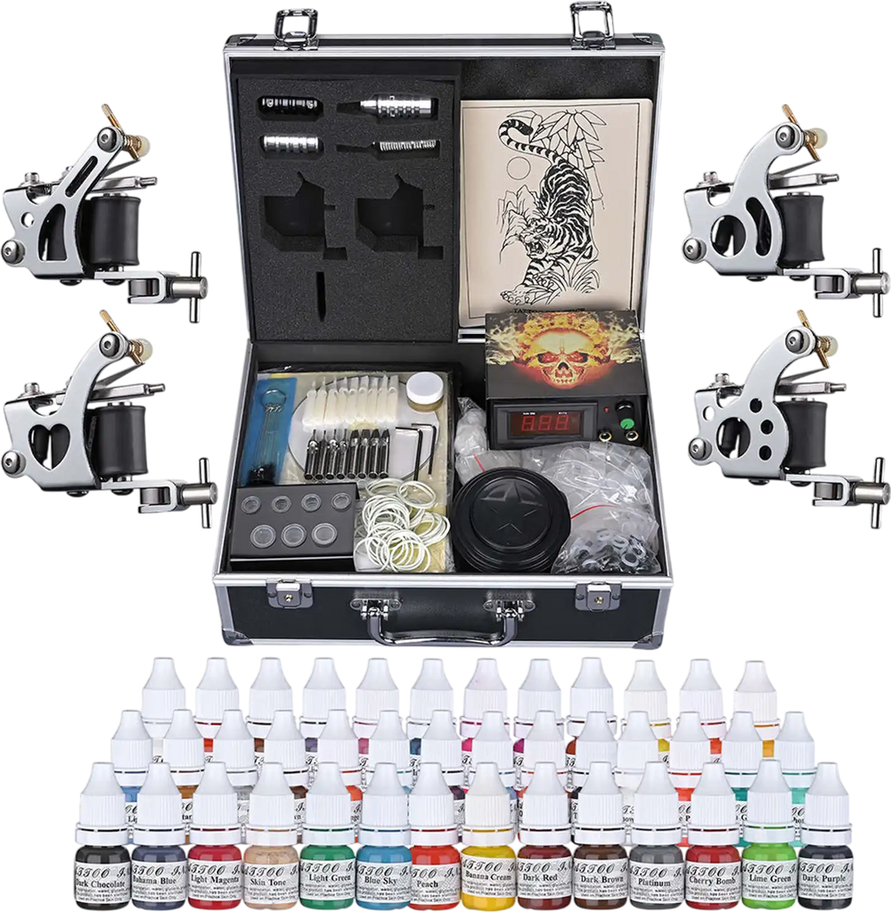 Yescom Tattoo Machine Kit 4 Guns LCD Power Supply 40 Color Inks & Case New
