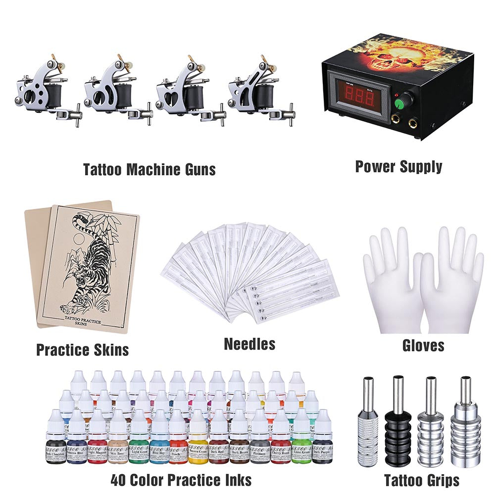 Yescom Tattoo Machine Kit 4 Guns LCD Power Supply 40 Color Inks & Case ...