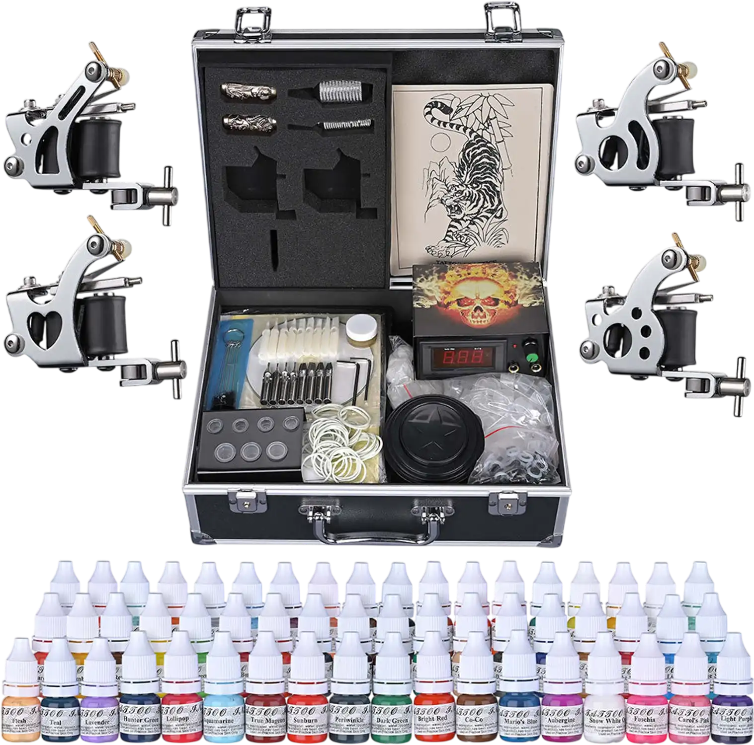 Yescom Tattoo Machine Kit 4 Guns w/ LCD Power Supply 54 Color Inks & Case New