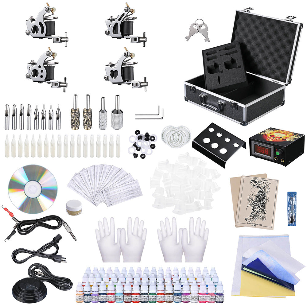 Yescom Tattoo Machine Kit 4 Guns w/ LCD Power Supply 54 Color Inks & Case New