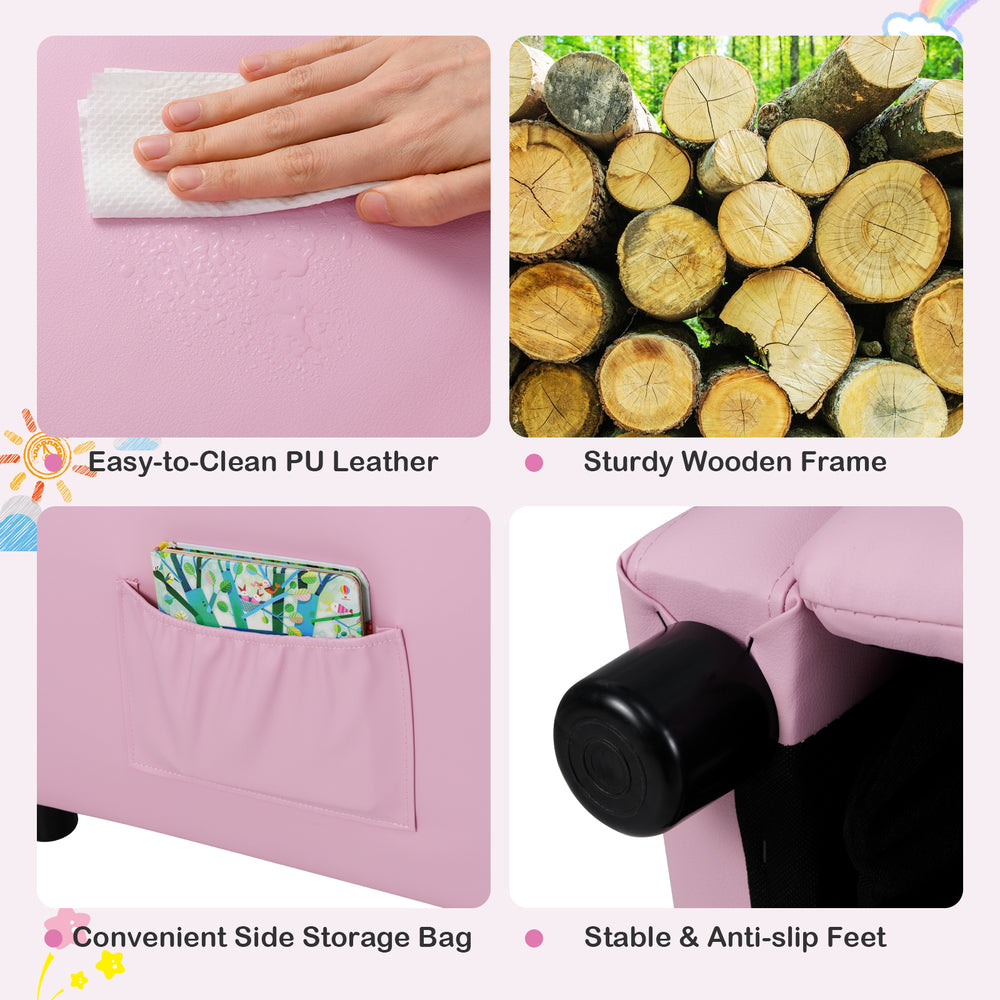 Kids recliner lounge sofa in pink with easy-to-clean PU leather, sturdy wooden frame, and convenient side storage.
