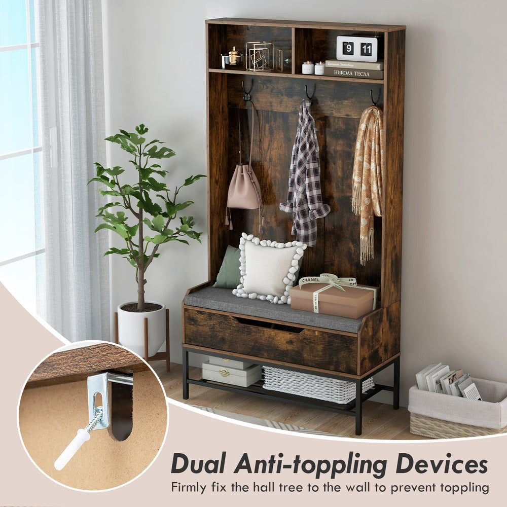 69-inch tall rustic brown hall tree with seat cushion, shoe storage, and dual anti-toppling devices for entryway.