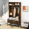 Rustic brown 69-inch tall hall tree with shoe storage, seat cushion, and hooks, ideal for entryway organization.