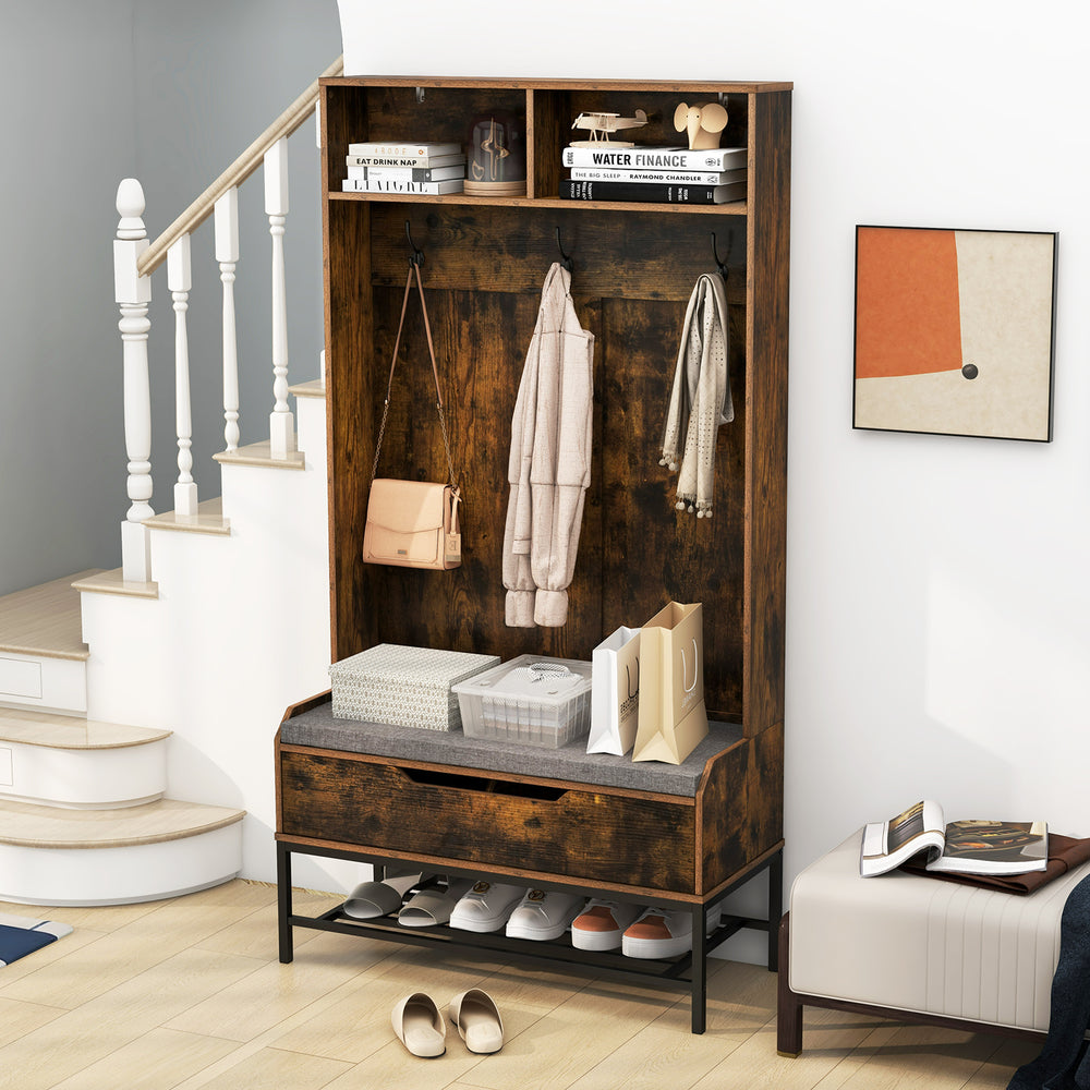 Rustic brown 69-inch tall hall tree with shoe storage, seat cushion, and hooks, ideal for entryway organization.