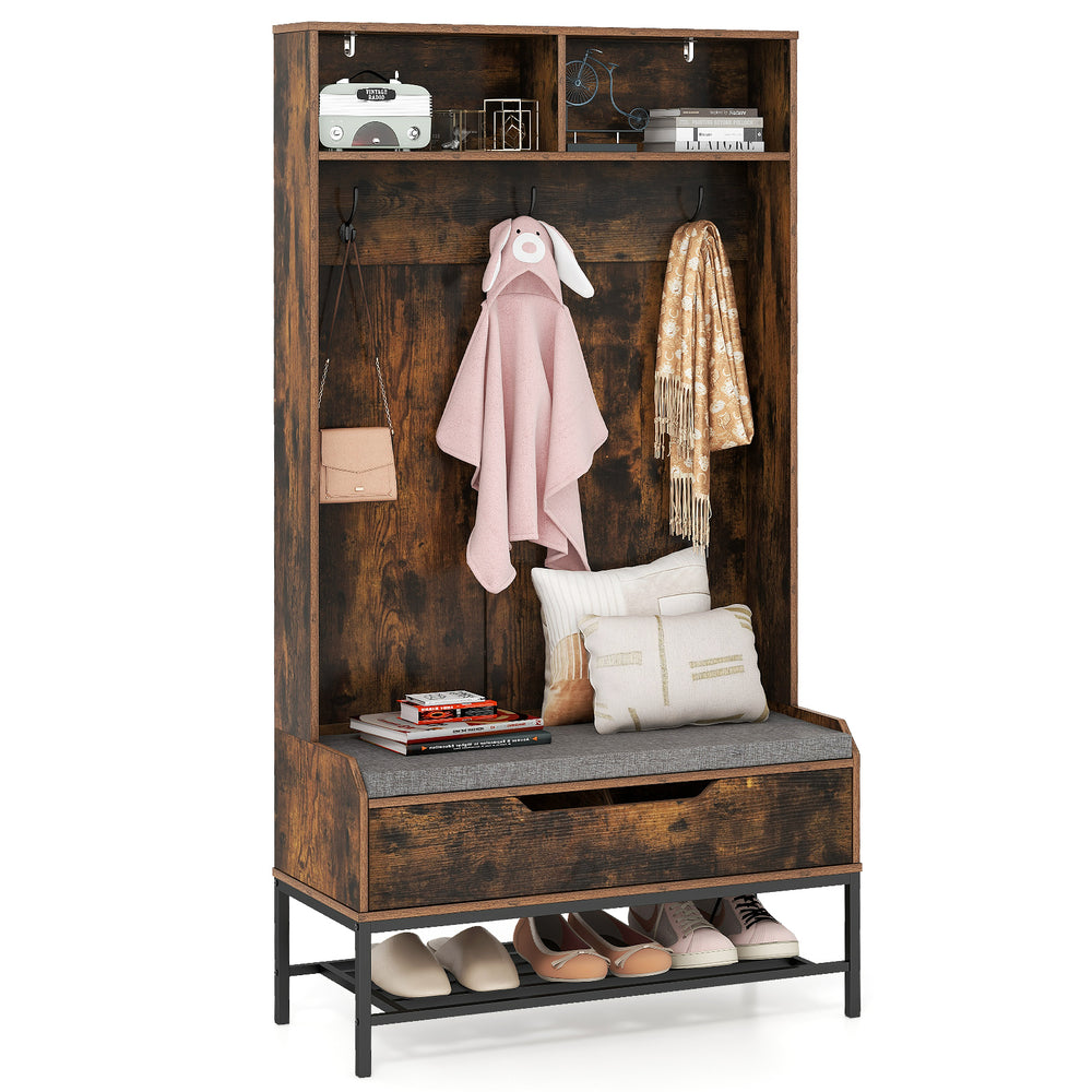 Rustic brown hall tree with coat rack, shoe storage, and cushioned bench, ideal for entryway organization.
