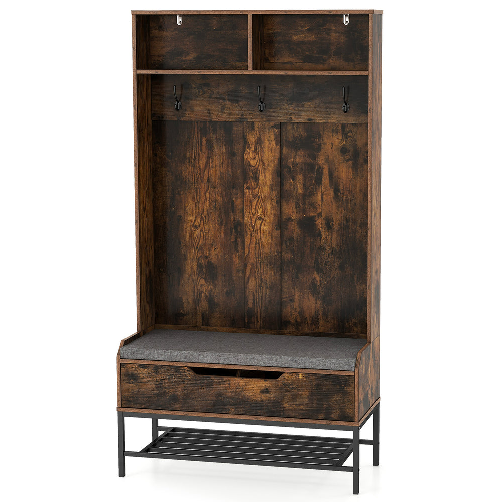 Rustic brown 69-inch tall hall tree with seat cushion, shoe storage, and hooks for entryway organization.