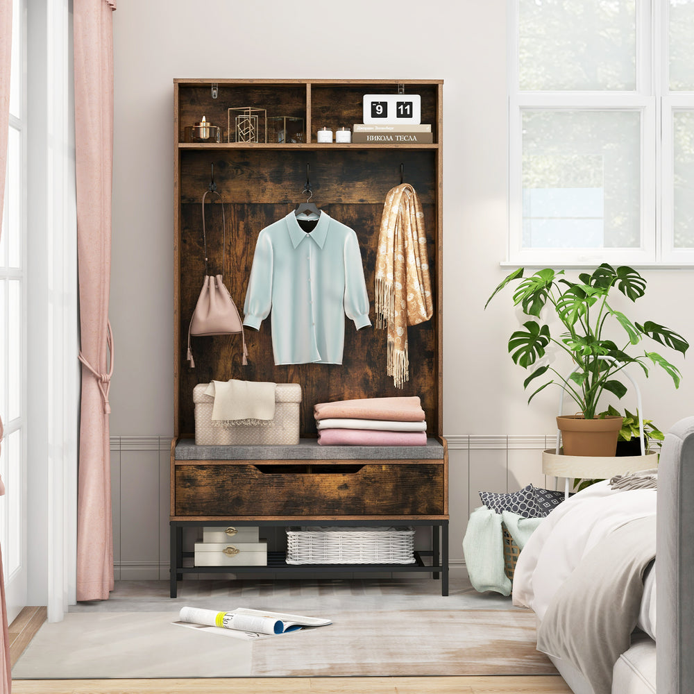 Rustic brown 69-inch tall hall tree with coat rack, seat cushion, and shoe storage, ideal for entryway organization.