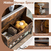 Rustic brown hall tree with hidden storage, soft closing hinges, and cut-out handle for easy access in entryway.