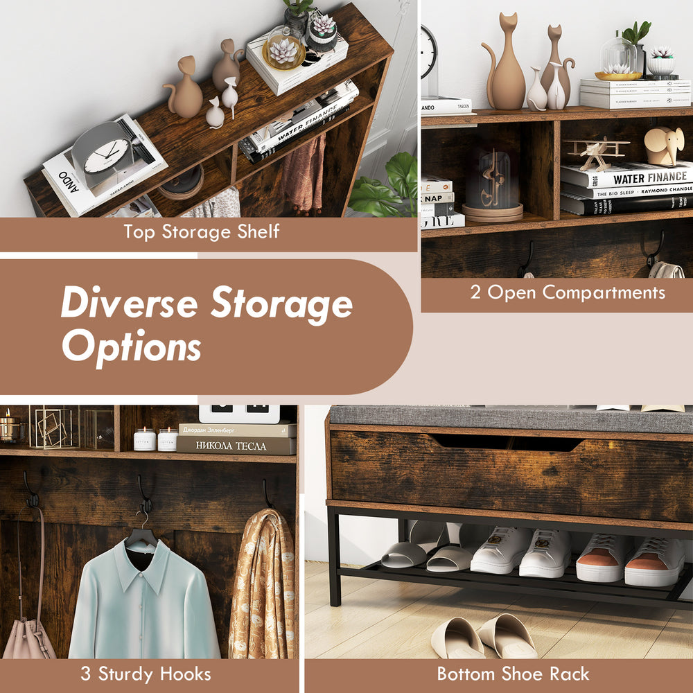 69-inch tall hall tree in rustic brown featuring a shoe bench, 3 hooks, and open compartments for versatile storage.