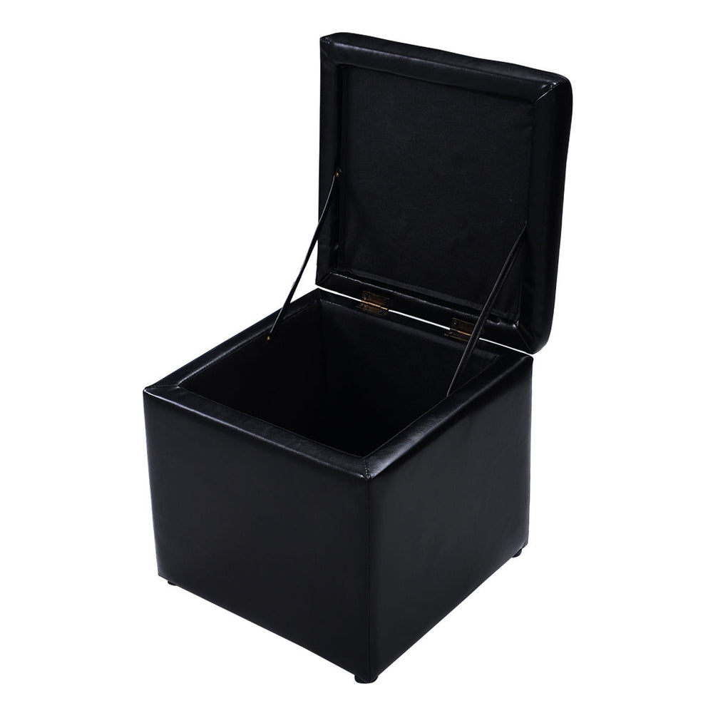 Black foldable cube ottoman pouffe with cushioned top, ideal for storage of toys, blankets, and daily accessories.