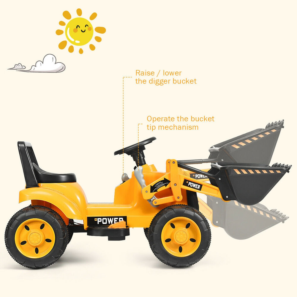 Kids ride-on excavator in yellow with lifting arms for realistic digging, suitable for various terrains and ASTM.