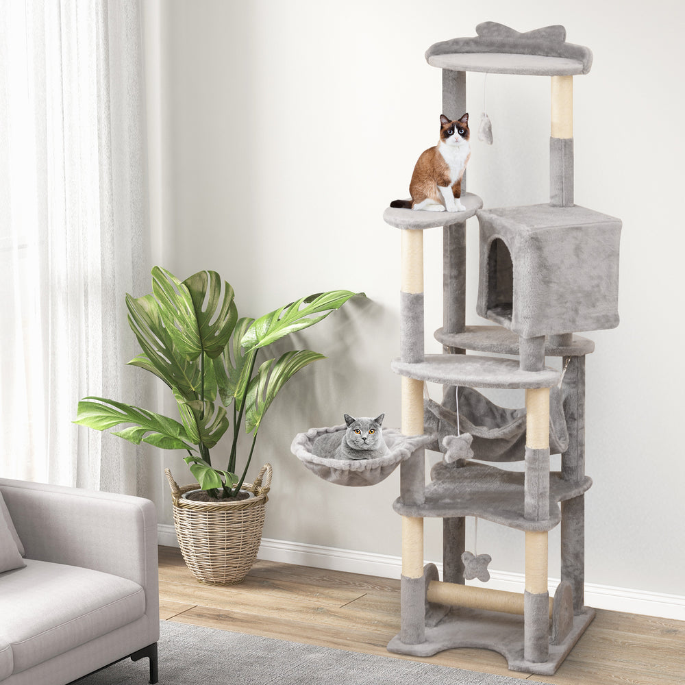 Multi-level 69-inch cat tree in gray with top perch, cozy condo, and removable toys for playful cats.