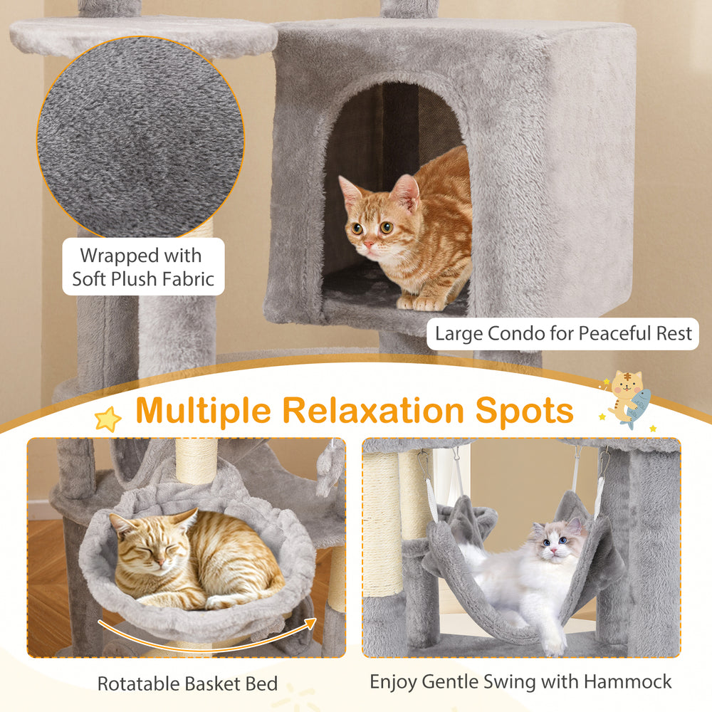 Multi-level cat tree with cozy condo, top perch, and hammock for playful relaxation, wrapped in soft plush fabric.