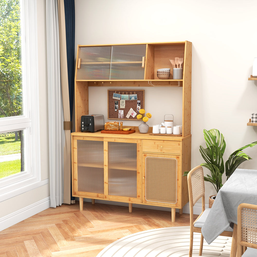 Costway Wine Bar Kitchen Cabinet 69" with Sliding Tempered Glass and Rattan Door New