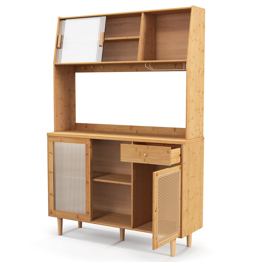 Costway Wine Bar Kitchen Cabinet 69" with Sliding Tempered Glass and Rattan Door New