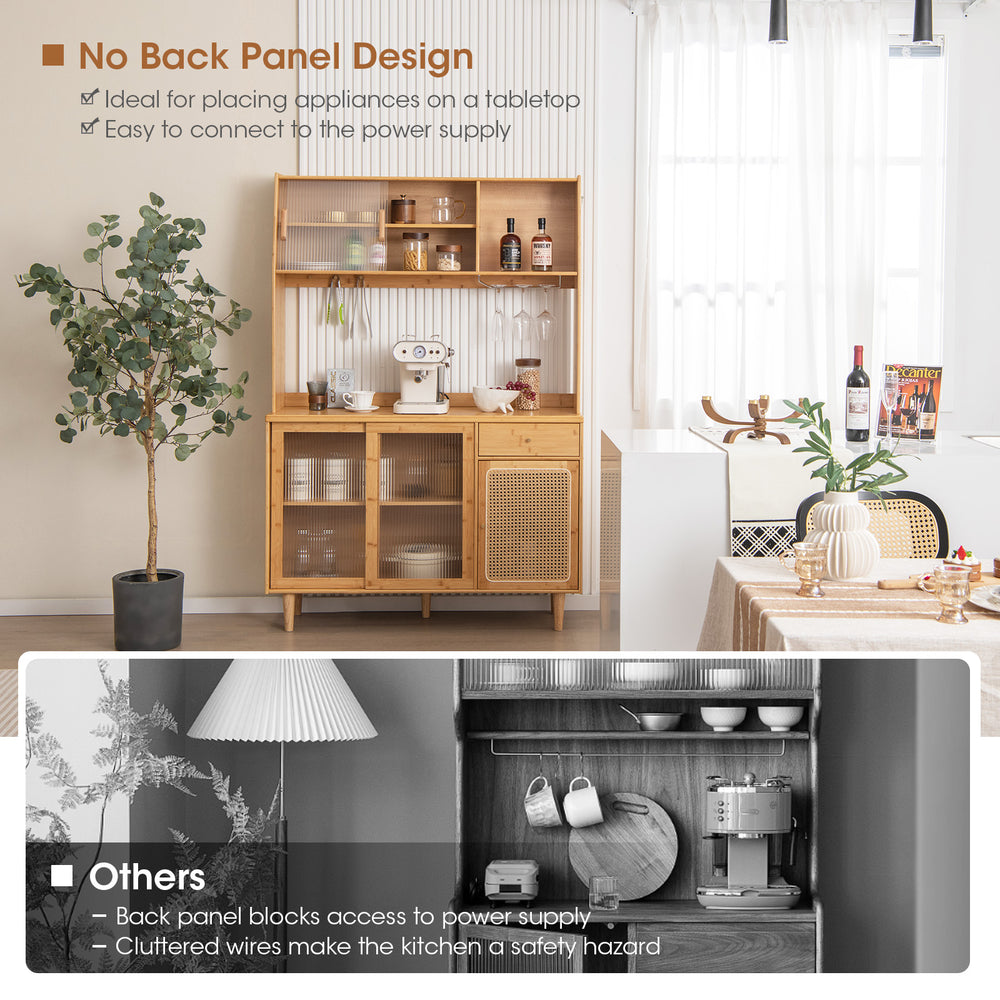 Costway Wine Bar Kitchen Cabinet 69" with Sliding Tempered Glass and Rattan Door New