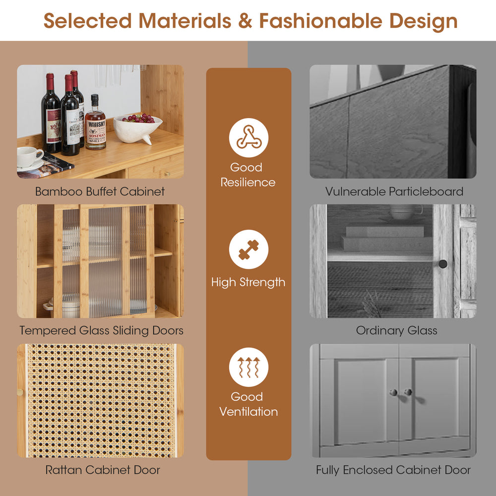 Costway Wine Bar Kitchen Cabinet 69" with Sliding Tempered Glass and Rattan Door New