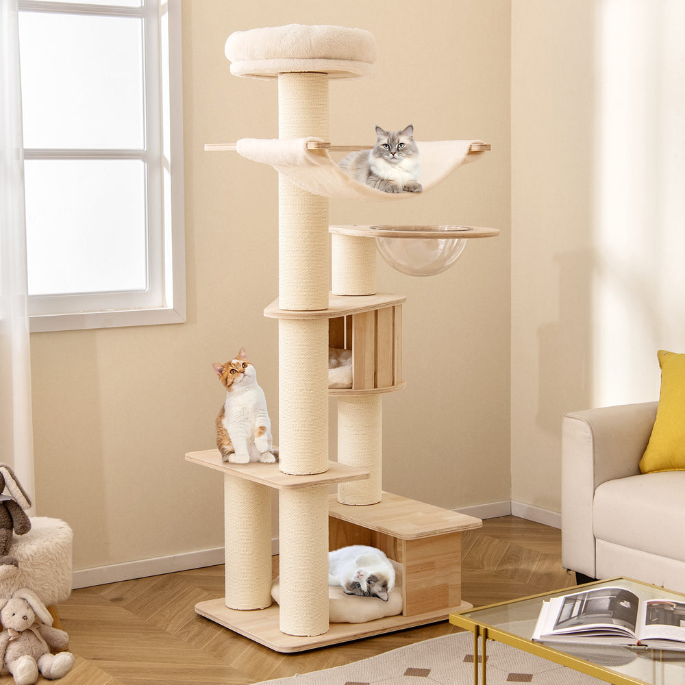 Cat tree featuring a cozy top perch, detachable plush cushions, and a private condo for napping and observing.