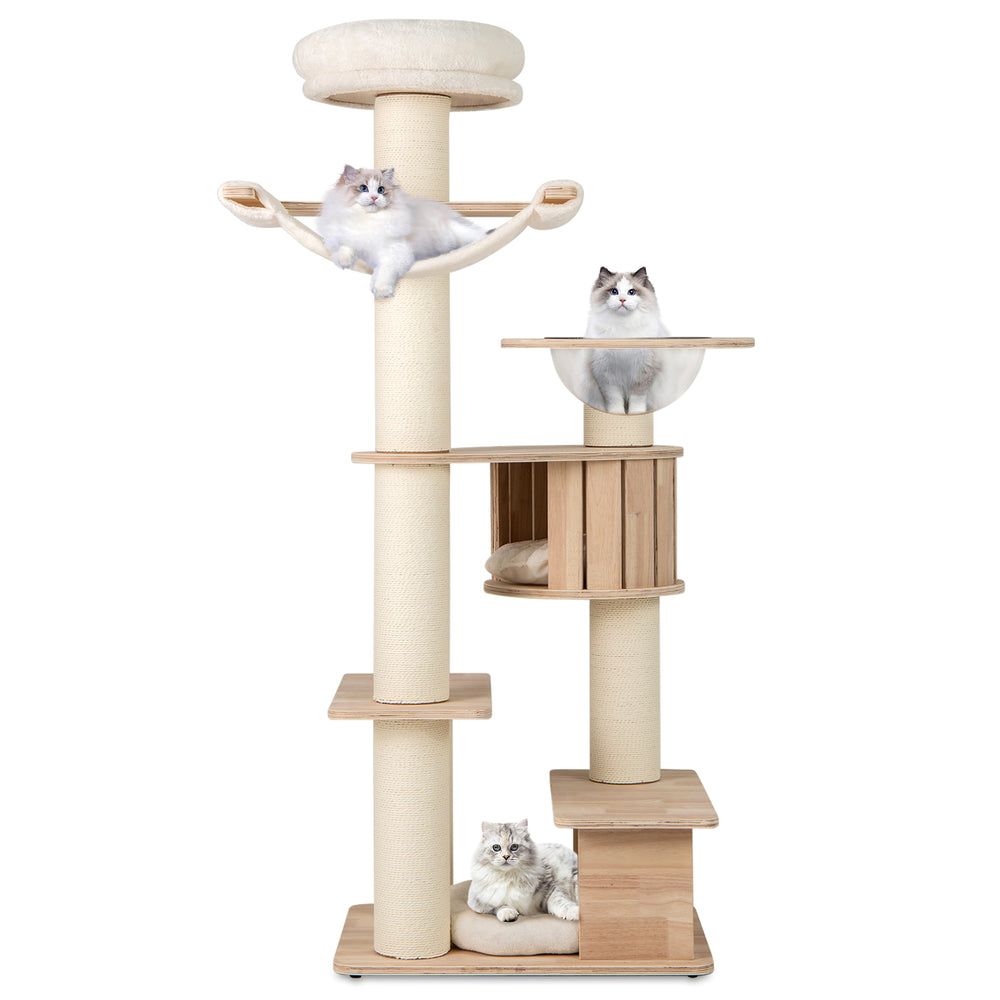 Cat tree featuring a cozy top perch, natural wood finishes, and plush cushions for comfortable lounging and napping.
