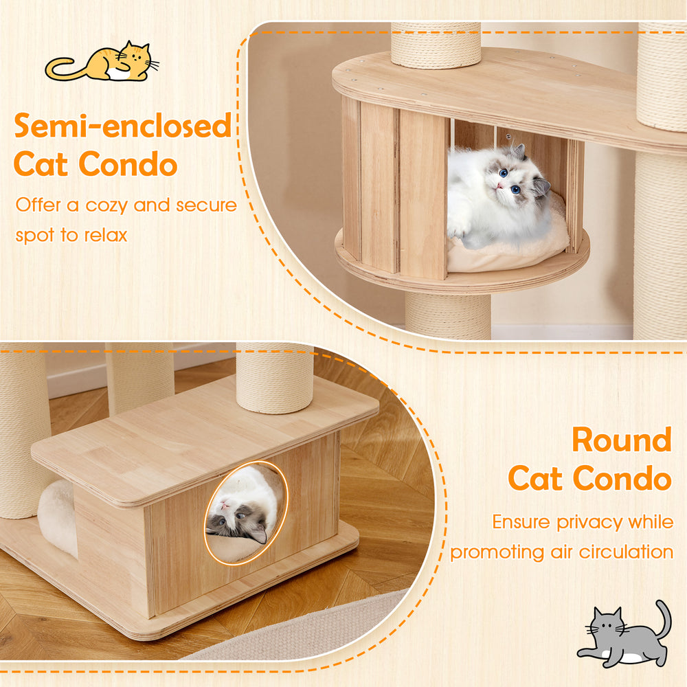 Semi-enclosed cat condo and round cat condo for cozy napping and air circulation in a 69-inch tall cat tree.