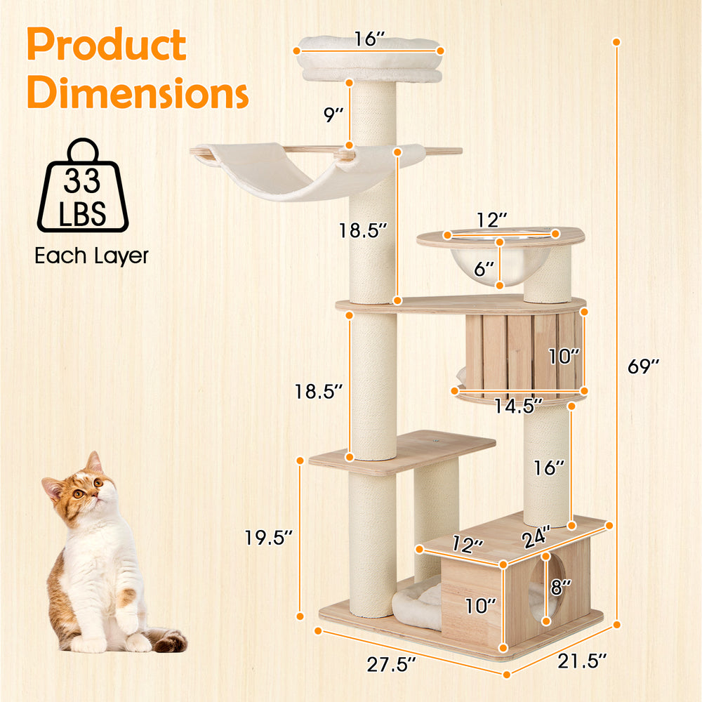 69-inch tall cat tree featuring a cozy top perch, detachable plush cushions, and a private round condo for napping.