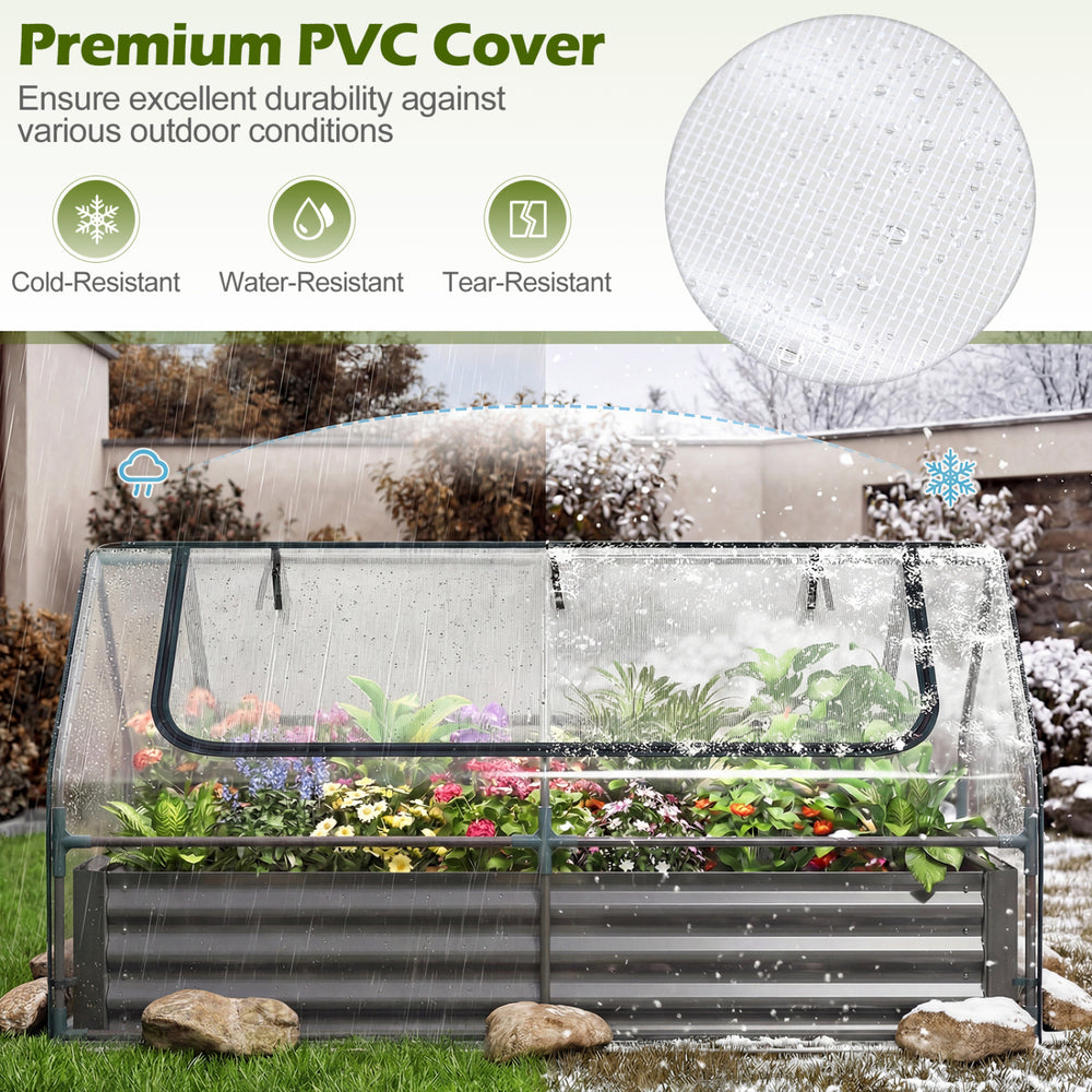 Galvanized raised garden bed with premium PVC cover, featuring roll-up windows and mesh screens for plant protection.
