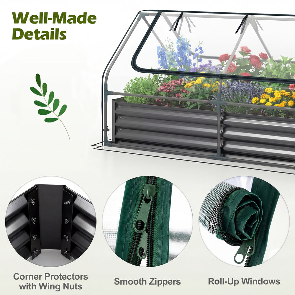 Close-up of the galvanized raised garden bed with roll-up windows and smooth zippers for easy access and ventilation.