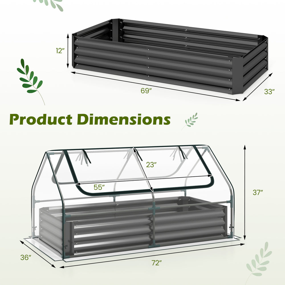 Galvanized raised garden bed with cover, measuring 69 x 33 x 12 inches, featuring roll-up windows for easy access.