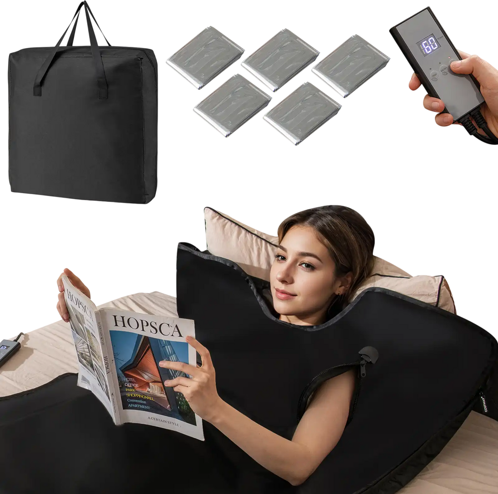 Portable full-body personal sauna in black with armholes, controller, and 5 disposable wraps for home relaxation.
