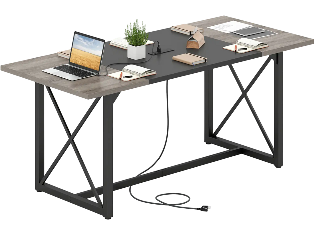 Spacious 6FT conference table with wood grain finish, built-in power outlets, seats 6-8 for office or dining use.