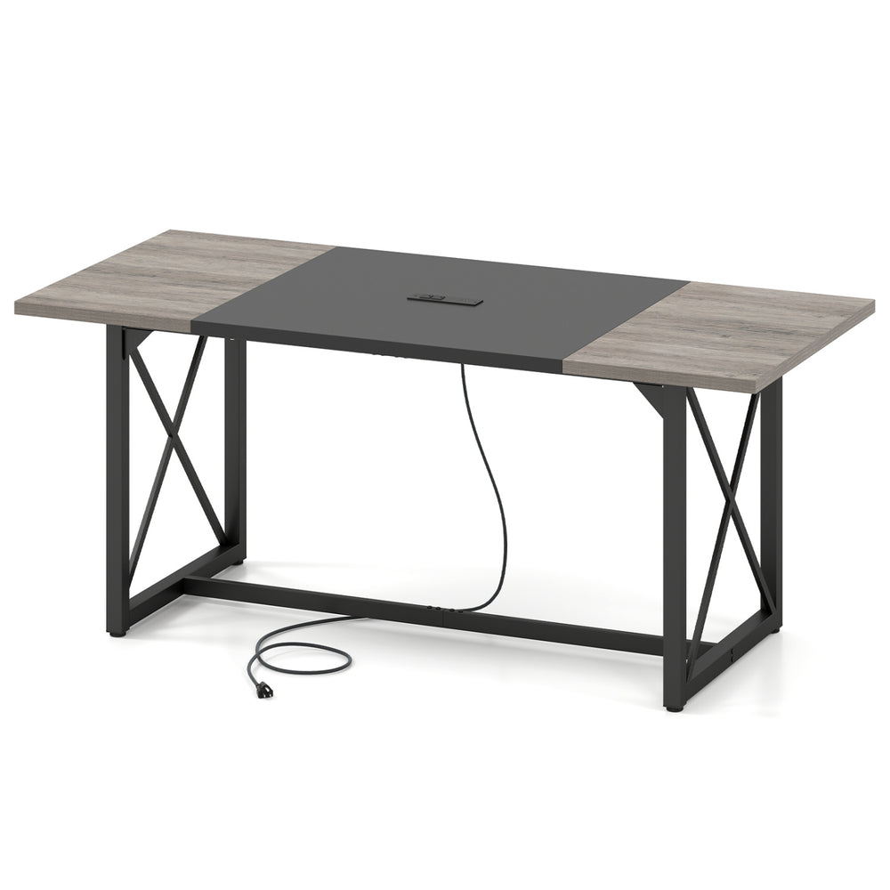 6FT conference table with wood grain finish, built-in power outlets, seats 6-8 people, ideal for office or dining use.
