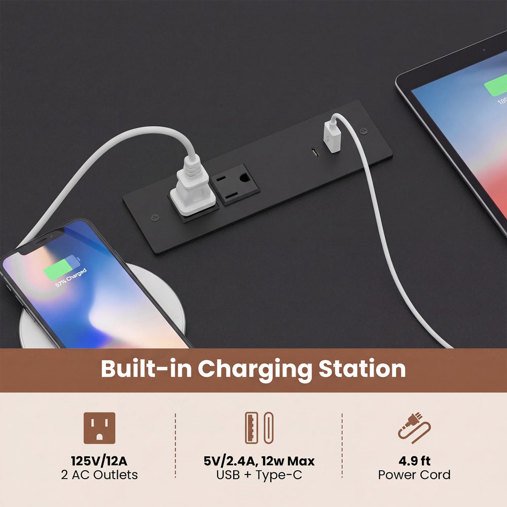 Built-in charging station with 2 AC outlets and USB ports on a conference table for office use, supporting multiple.