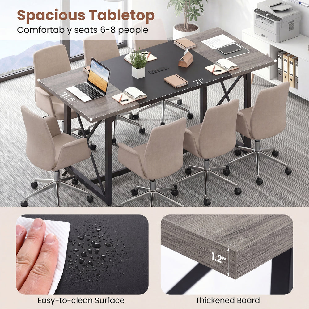 Spacious 6FT conference table with wood grain finish, seats 6-8, featuring built-in power outlets for office use.