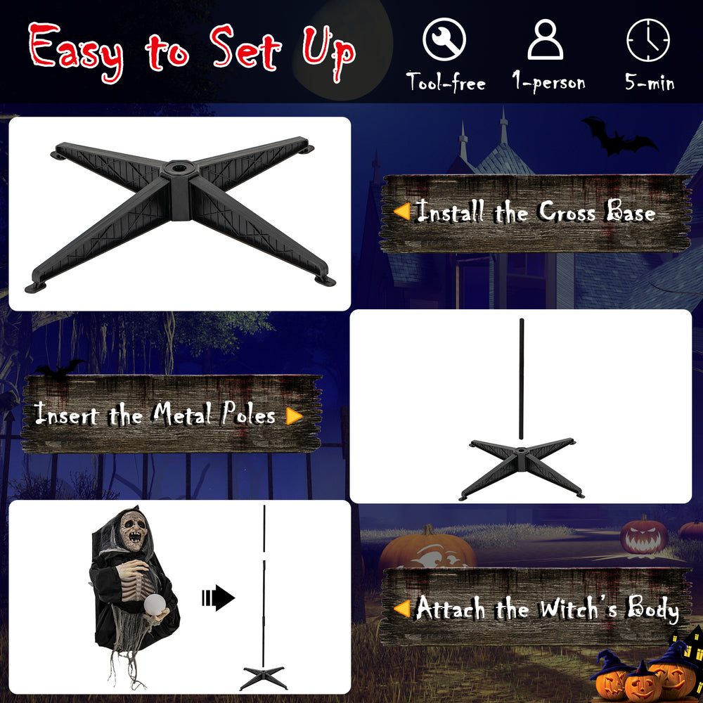 Life-sized 6ft Halloween animatronics witch with glowing eyes, easy tool-free setup, perfect for spooky decorations.