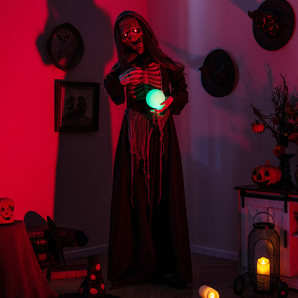 Life-sized standing witch animatronic with glowing eyes and magical ball, perfect for Halloween decor and spooky.