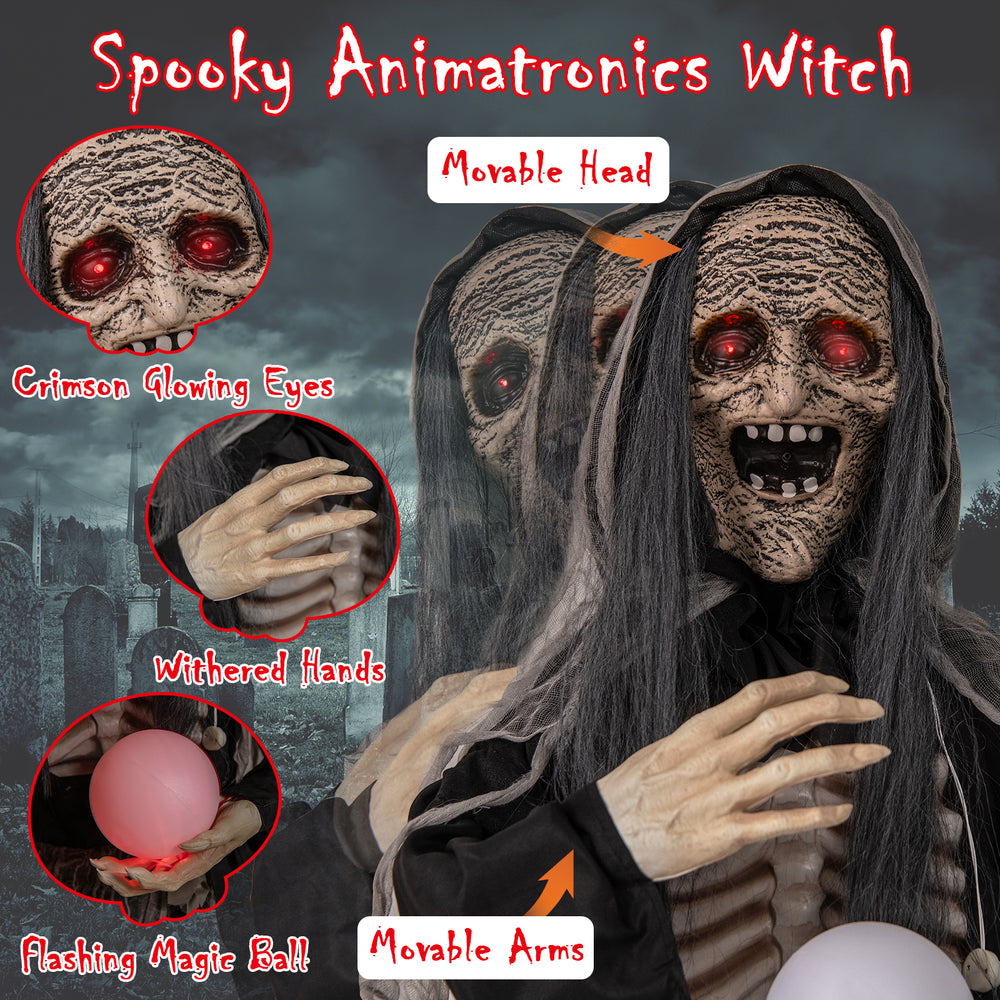 Life-sized Halloween animatronics witch with crimson glowing eyes, movable head and arms, and a flashing magic ball.