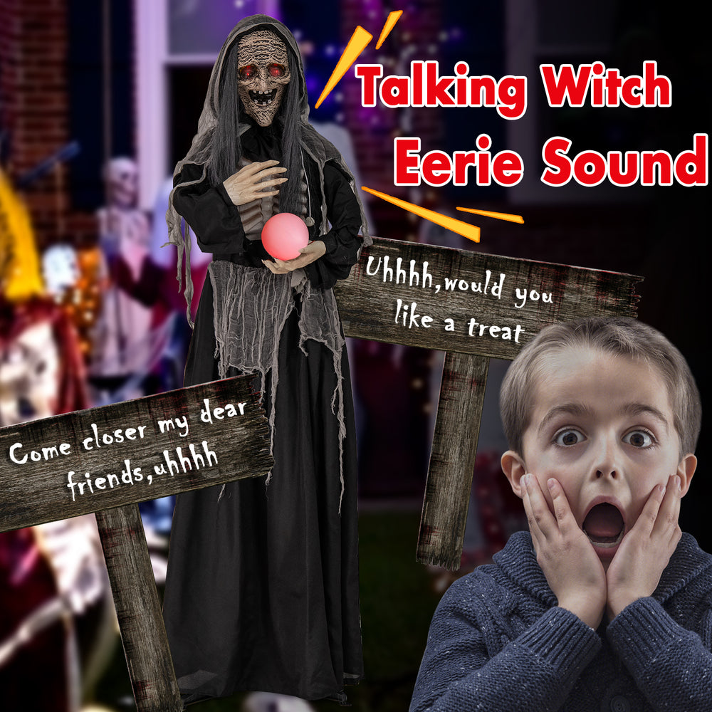 Life-sized Halloween animatronics witch with eerie sounds, movable arms, and a glowing magical ball for chilling.