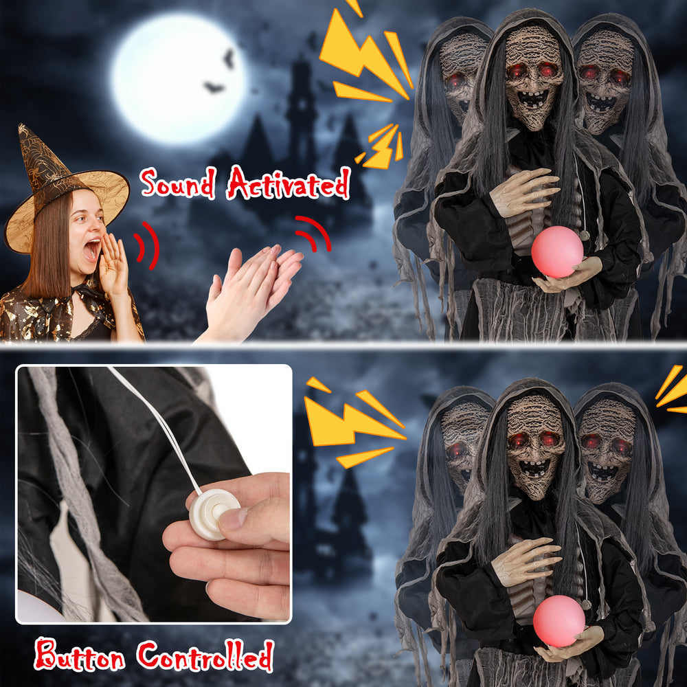 Life-sized Halloween animatronic witch with glowing eyes and magical ball, sound activated or button controlled for.