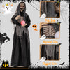 Life-sized 6ft Halloween animatronics witch with pale hair, exposed ribs, and glowing magical ball for spooky decor.