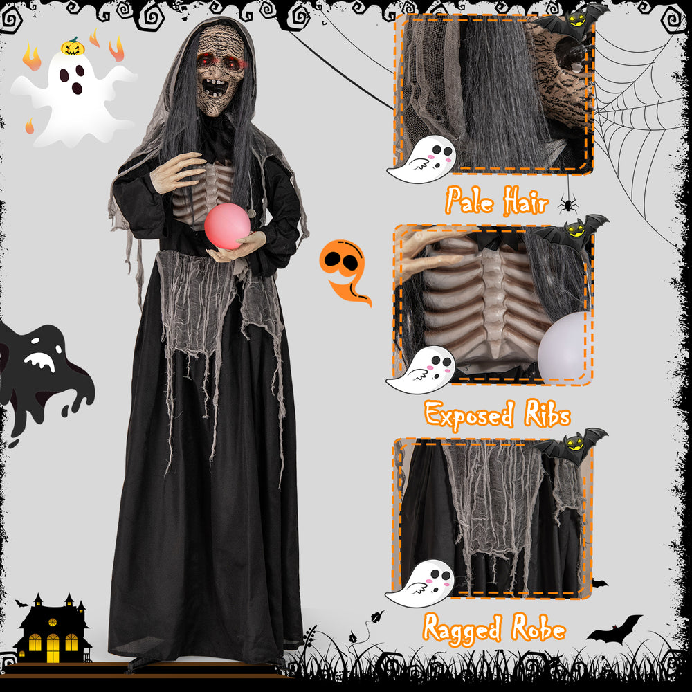 Life-sized 6ft Halloween animatronics witch with pale hair, exposed ribs, and glowing magical ball for spooky decor.