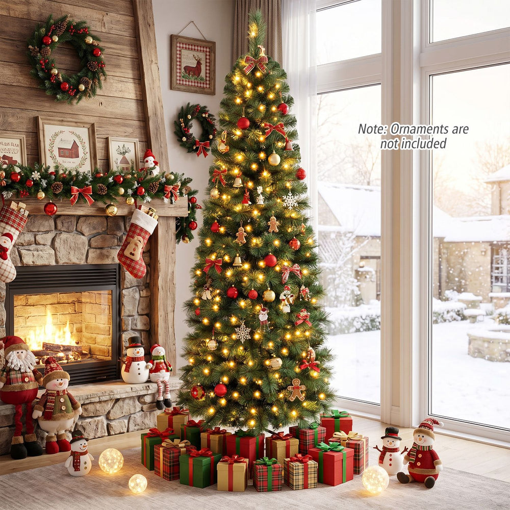 Half-shaped 6/7FT pre-lit artificial Christmas tree with varied leaf textures and 8 lighting modes for a cozy holiday ambiance.