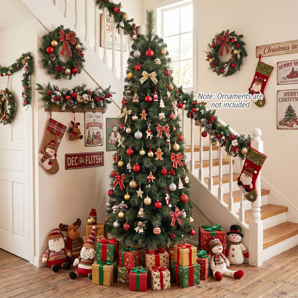 Half-shaped 6/7FT pre-lit artificial Christmas tree with 150 warm white LED lights adds festive charm to any corner.