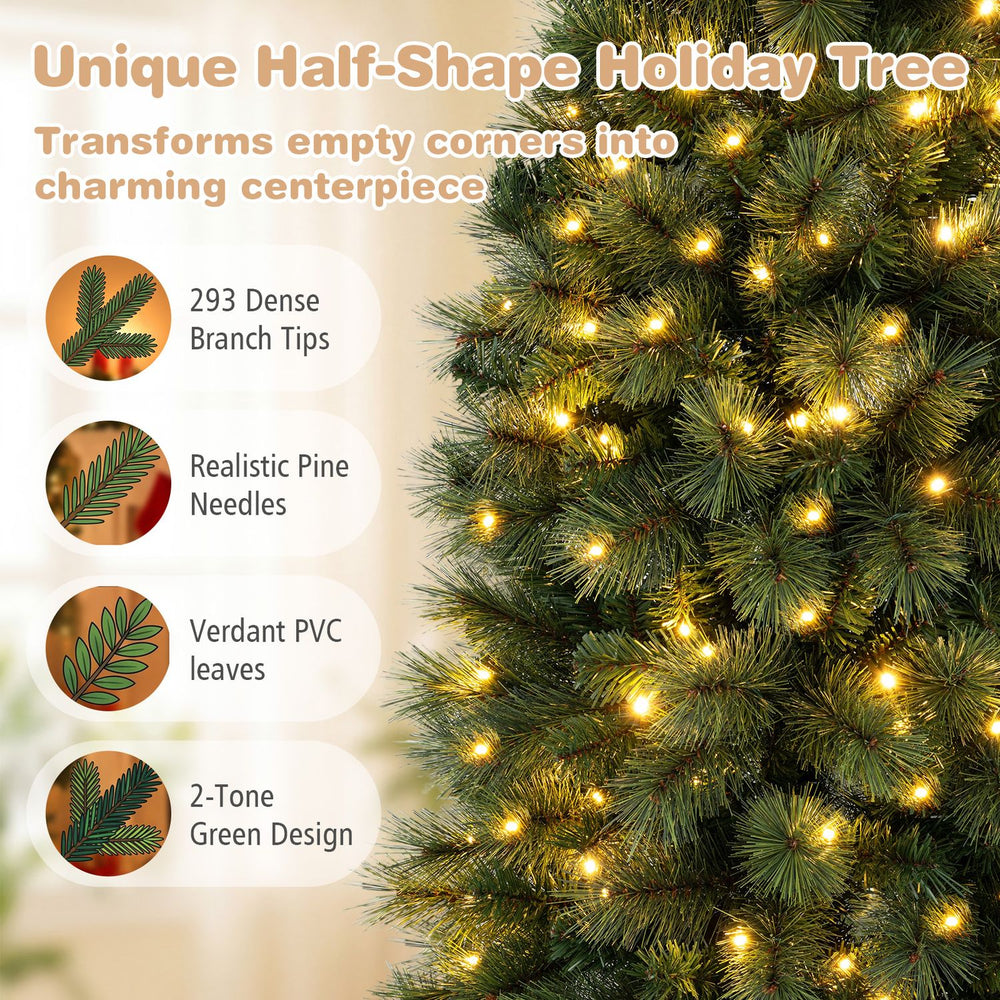 Half-shaped 6/7FT pre-lit Christmas tree with 293 PVC branch tips and 120 warm white LED lights for festive charm.