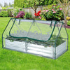 Galvanized raised garden bed with mini greenhouse, featuring dual windows and PVC cover for plant protection.