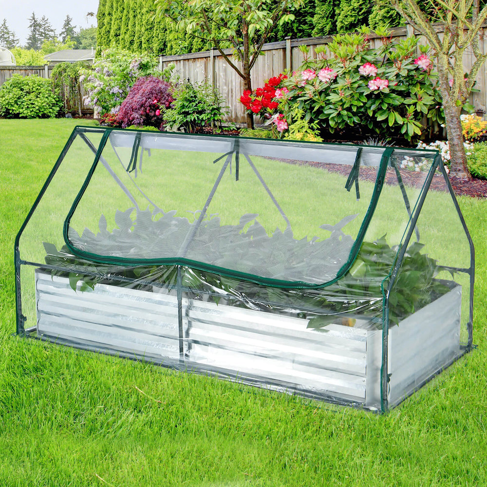Galvanized raised garden bed with mini greenhouse, featuring dual windows and PVC cover for plant protection.
