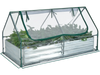 Galvanized raised garden bed with mini greenhouse, featuring dual windows for ventilation and sturdy metal support.