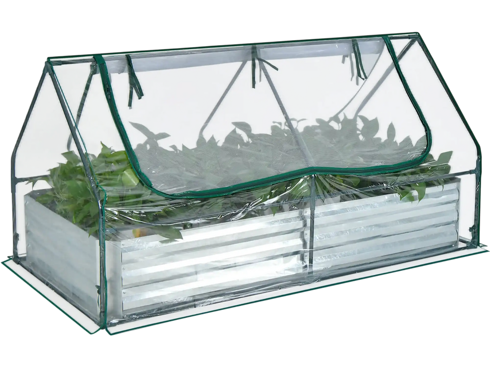 Galvanized raised garden bed with mini greenhouse, featuring dual windows for ventilation and sturdy metal support.
