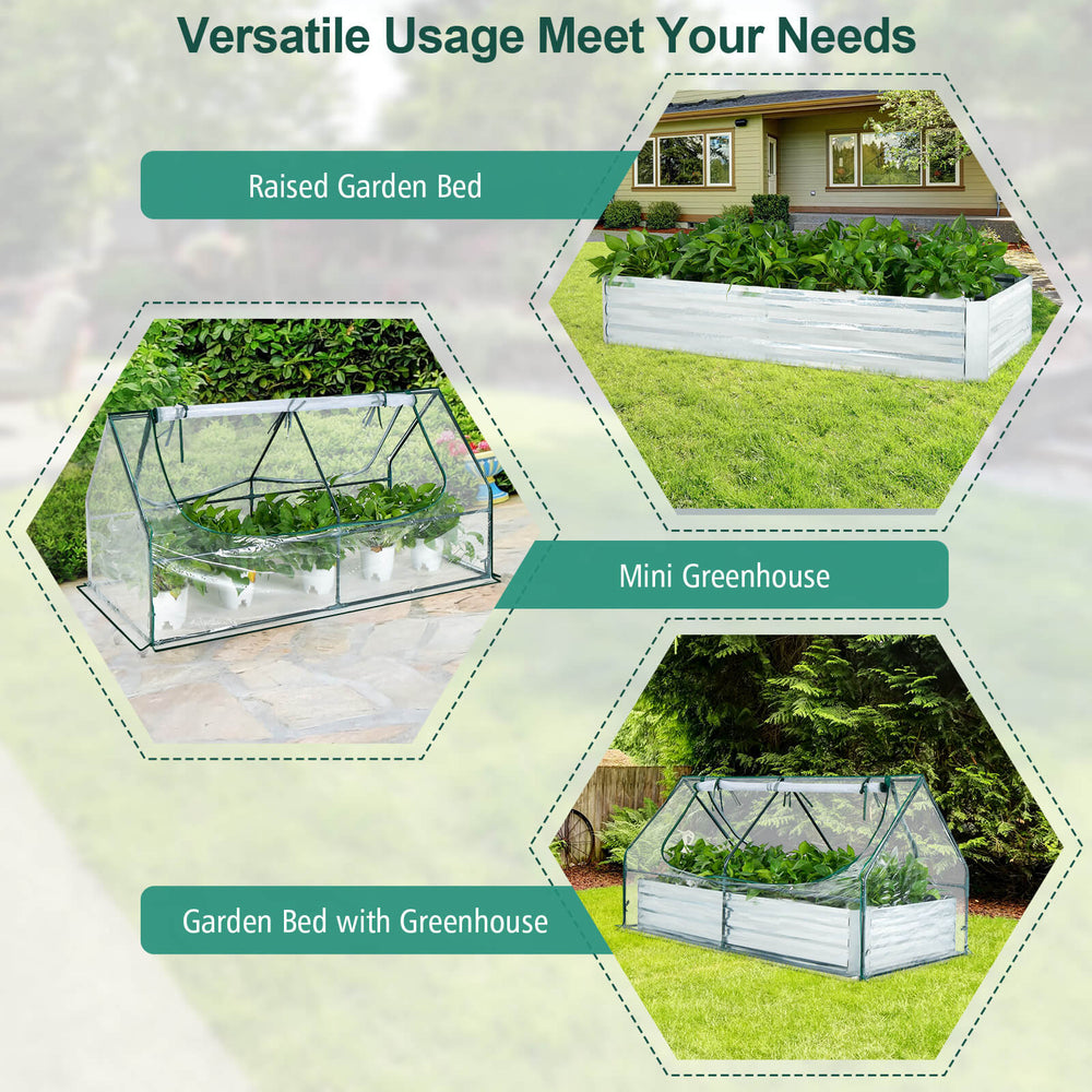 Raised garden bed with mini greenhouse and roll-up windows, providing optimal drainage and protection for plants.
