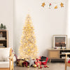 Pre-lit 6 ft silver tinsel Christmas tree with 300 LED lights, surrounded by festive gifts, ideal for holiday decor.