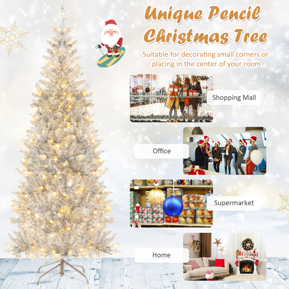 6 ft pre-lit artificial silver tinsel Christmas tree with 790 branch tips, perfect for small spaces and festive decor.
